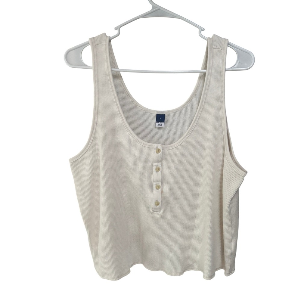 Old Navy Henley Tank Top Womens Large Cream Waffle Knit Thermal Sleeveless